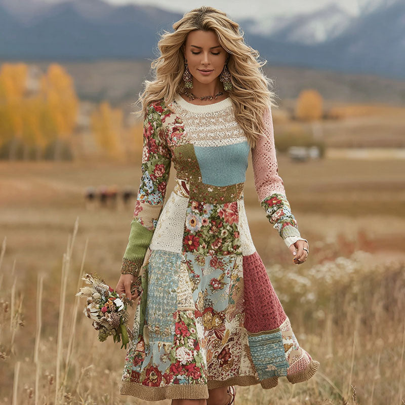 Women's Patchwork Floral Art Cozy Knit Sweater Dress artswardrobe