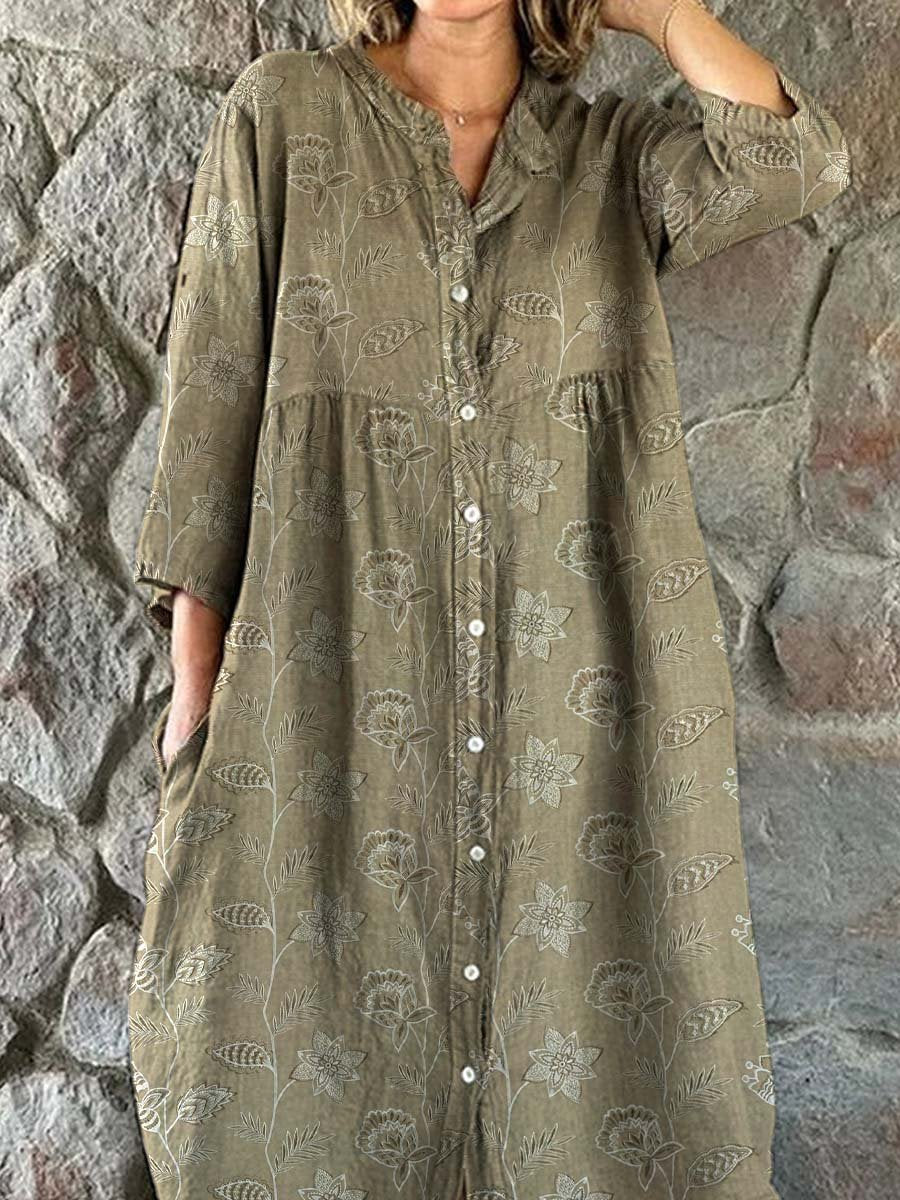 Women's Elegant Vintage Floral Pattern Shirt Cotton Linen Dress