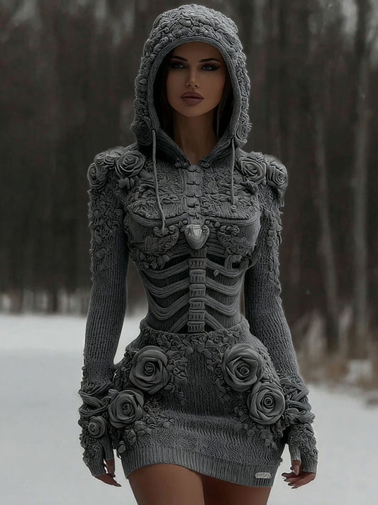 Women's Vintage White Rose And Skull Patchwork Knit Hooded Sweater artswardrobe