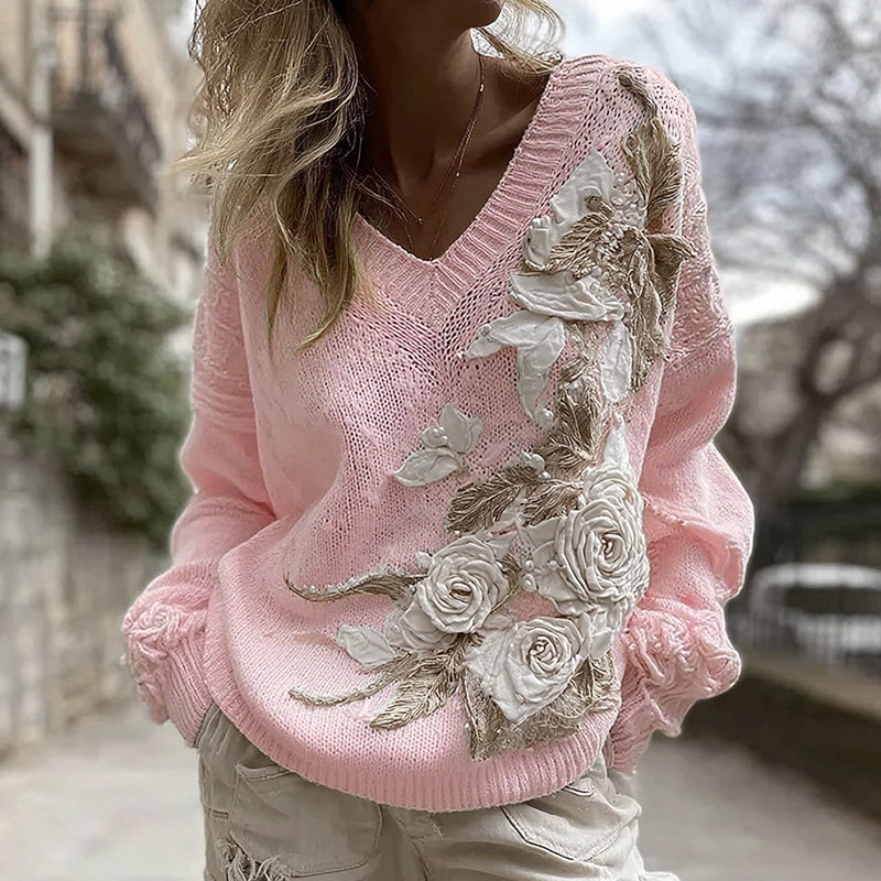 Women's White Rose Knitted Warm V-neck Sweater elevenforest