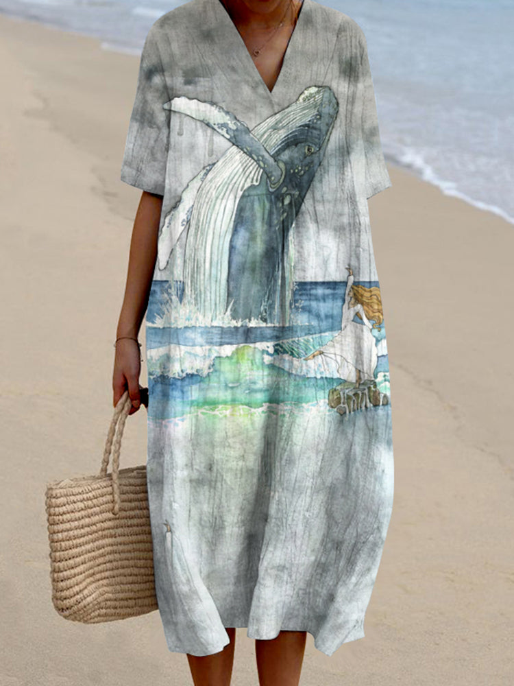 Marine Animal Pattern V-Neck Women'S Dress