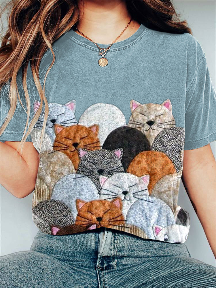 Comstylish Cute Cats Patchwork Art Washed T-Shirt