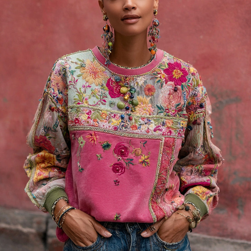 Comstylish Women's Vintage Bohemian Floral Embroidery Patchwork Art Crew Neck Casual Sweatshirt