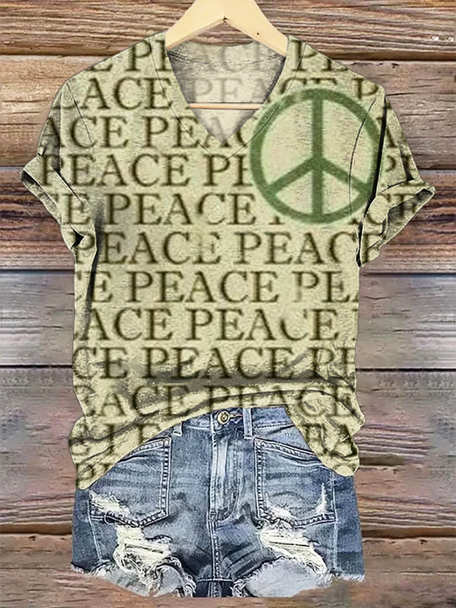 Women's Hippie Peace Art Print V-neck Casual T-Shirt