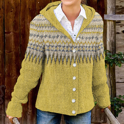 Vintage Geometric Print Knitted Button Hooded Cardigan elevenforest