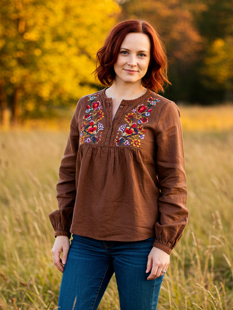 Women's Vintage Bohemian Embroidered Print Shirt artswardrobe