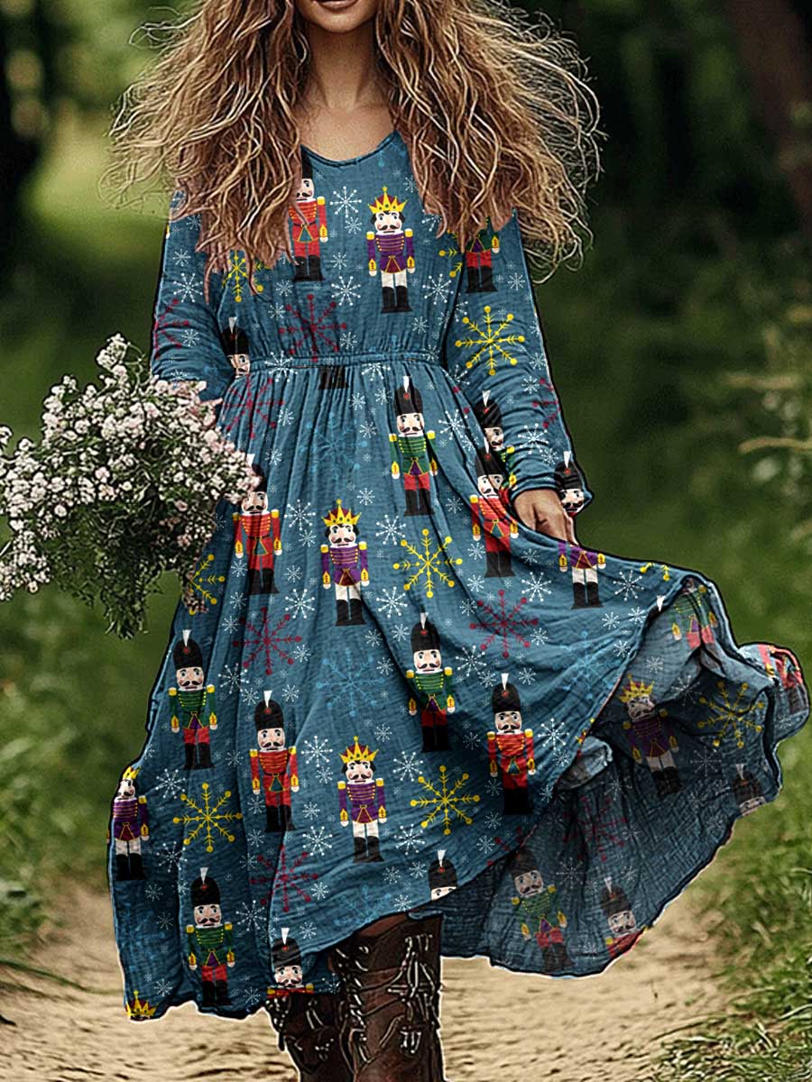 Women's Christmas Tree Pattern Cotton and Linen Dress