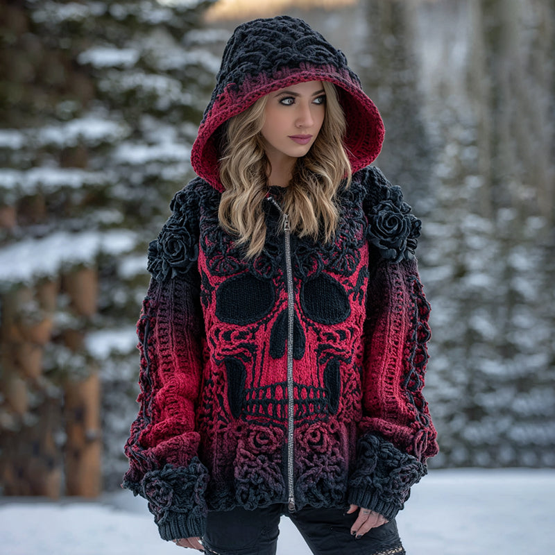 Women's Vintage Viking Tribal Celtic Skull Gradient Art Cozy Knitted Hooded Cardigan elevenforest