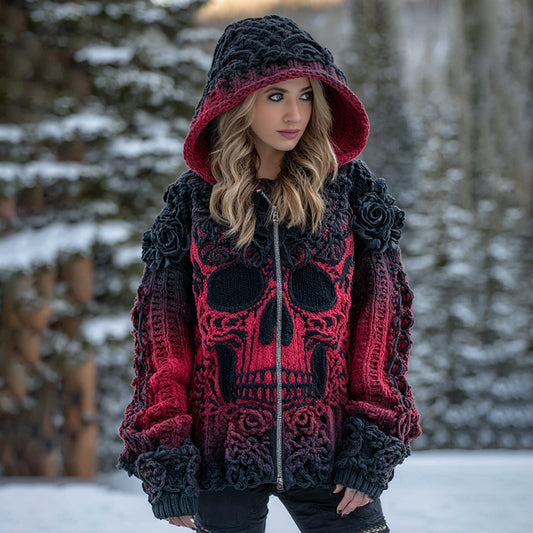 Women's Vintage Viking Tribal Celtic Skull Gradient Art Cozy Knitted Hooded Cardigan elevenforest