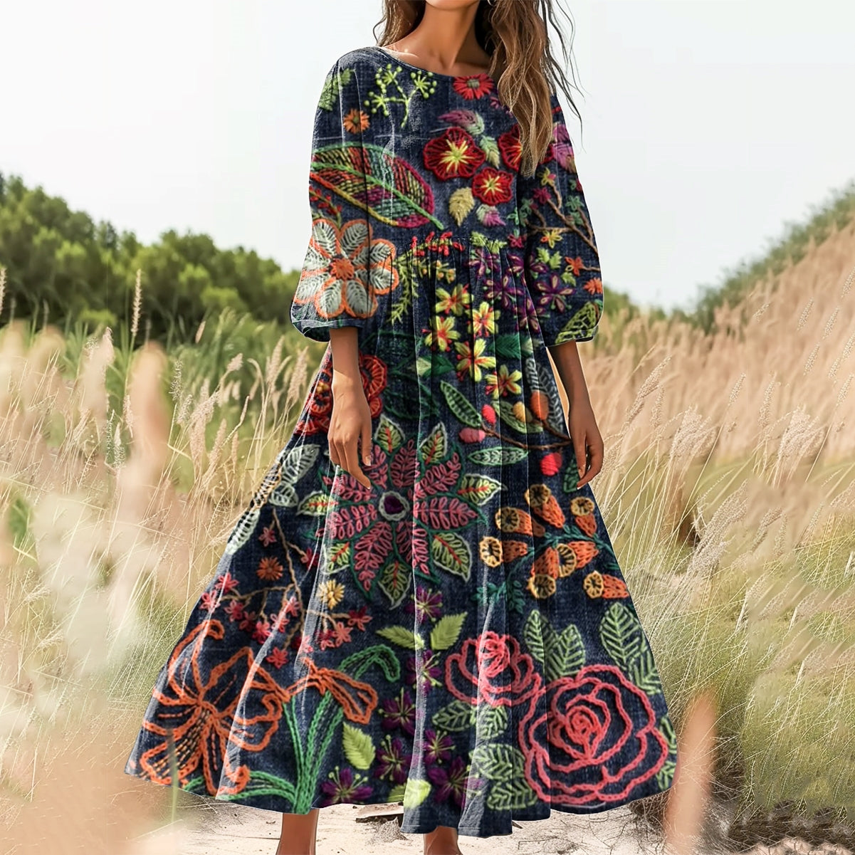 Women's Floral Art Print Cotton Crew Neck Dress