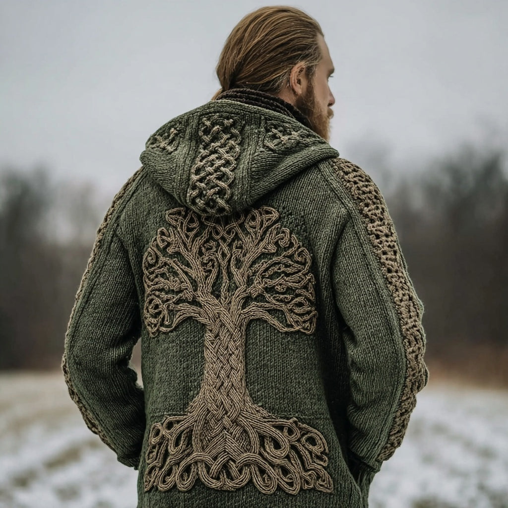 Men's Tree Of Life Celtic Vintage Cozy Hooded Cardigan artswardrobe
