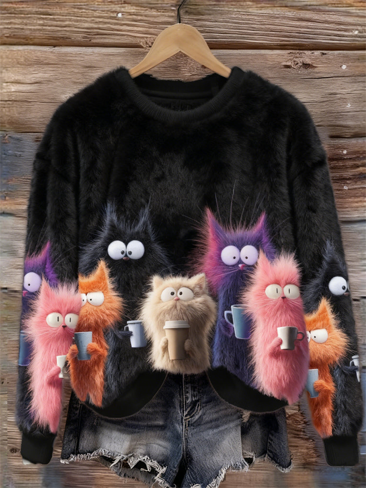 Comstylish Funny Colorful Cats With Coffee Cups Cozy Plush Sweatshirt
