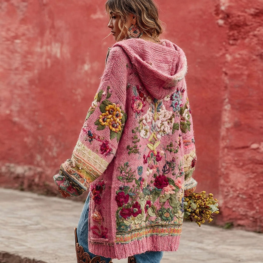 Women's Vintage Bohemian Floral Embroidery Art Cozy Knit Hooded Sweater Cardigan artswardrobe