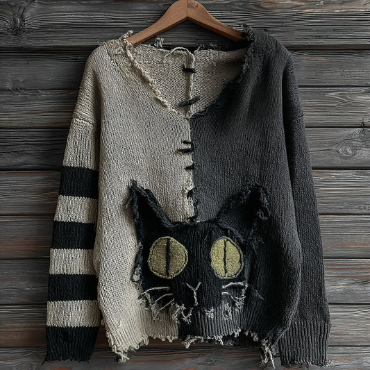 Halloween Green-eyed Black Cat Patchwork Knitted V-neck Sweater elevenforest