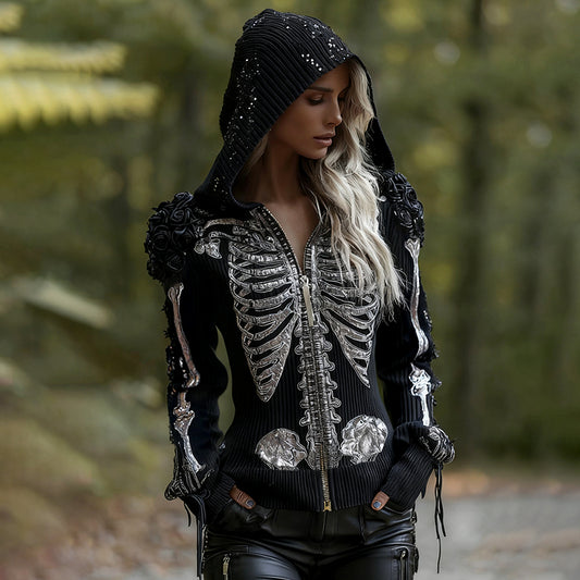 Women's Vintage Skeleton Rose Gothic Art Zipper Knit Hooded Sweater artswardrobe