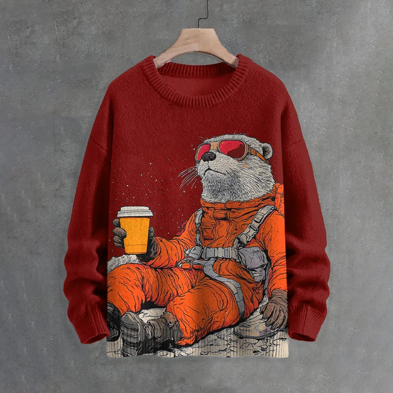 Men's Intrepid Otter Explorer Drinks Coffee In Outer Space Print Knit Crew Neck Sweater elevenforest