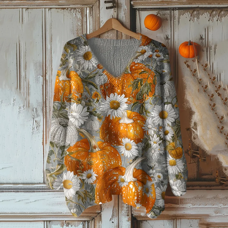 Fall Daisy And Pumpkin Embroidered Cozy Knit V-Neck Sweater artswardrobe