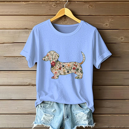 Comstylish Women's Classic Dachshund In Floral Inspired Painting Embroidered Casual Linen T-shirt