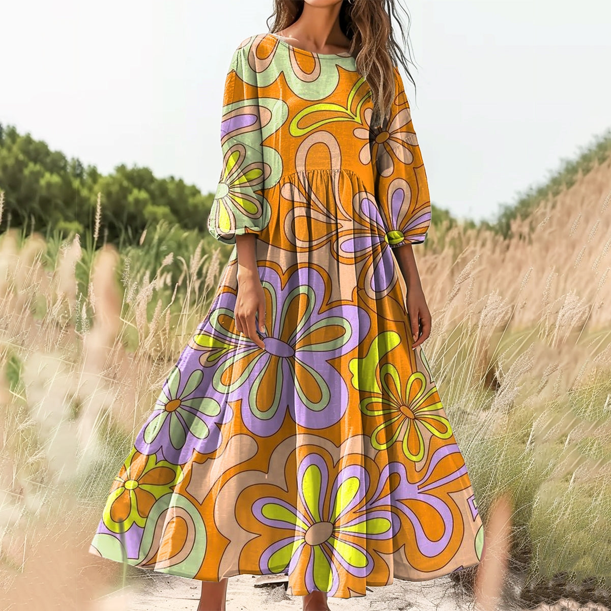 Women's Floral Art Print Cotton Crew Neck Dress