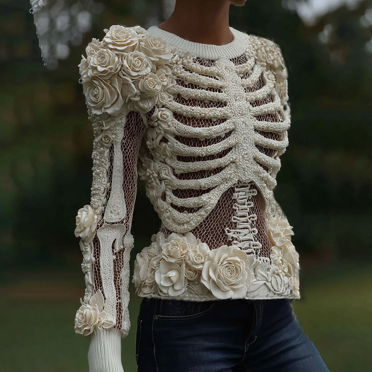 Women's Halloween Skeleton Bones With Roses Art Knitted Warm Sweater artswardrobe