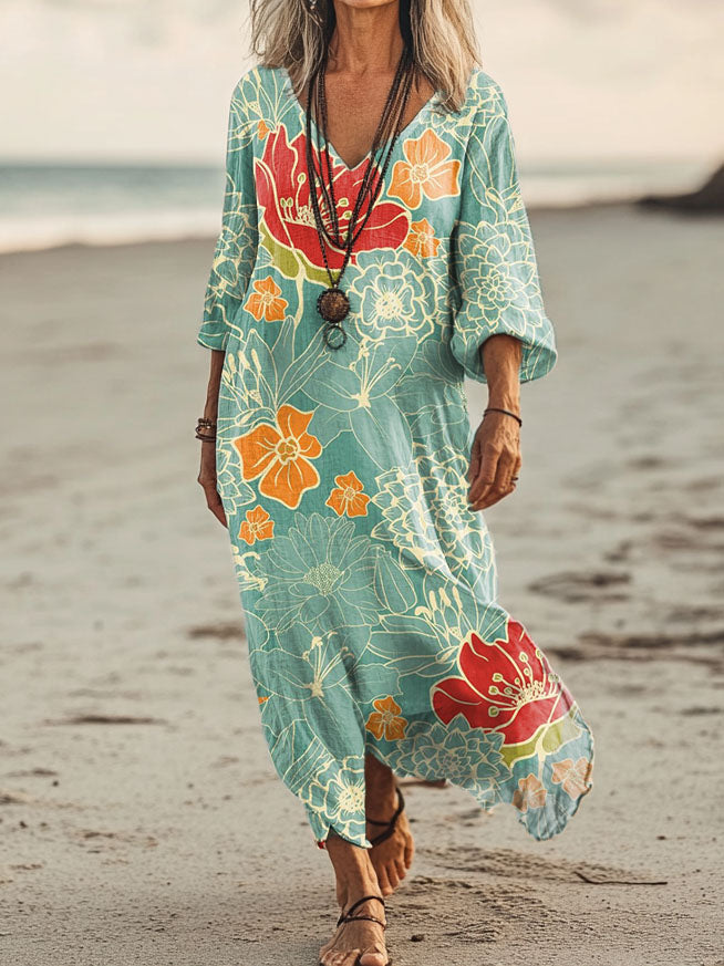 Women's Floral Art Print Pocket Cotton Dresses