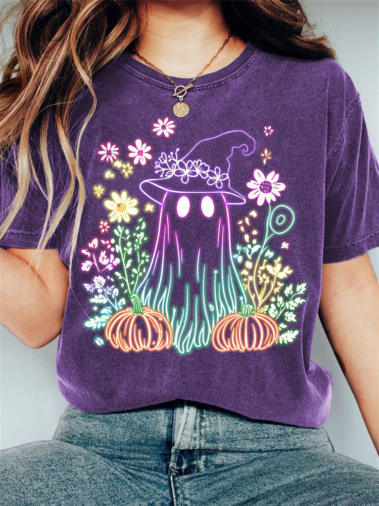 Halloween Pumpkin Ghost Floral Neon Print Short Sleeve T-Shirt artswardrobe