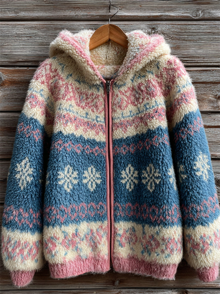 Snowflakes Contrast Color Fair Isle Cozy Hooded Fleece Jacket