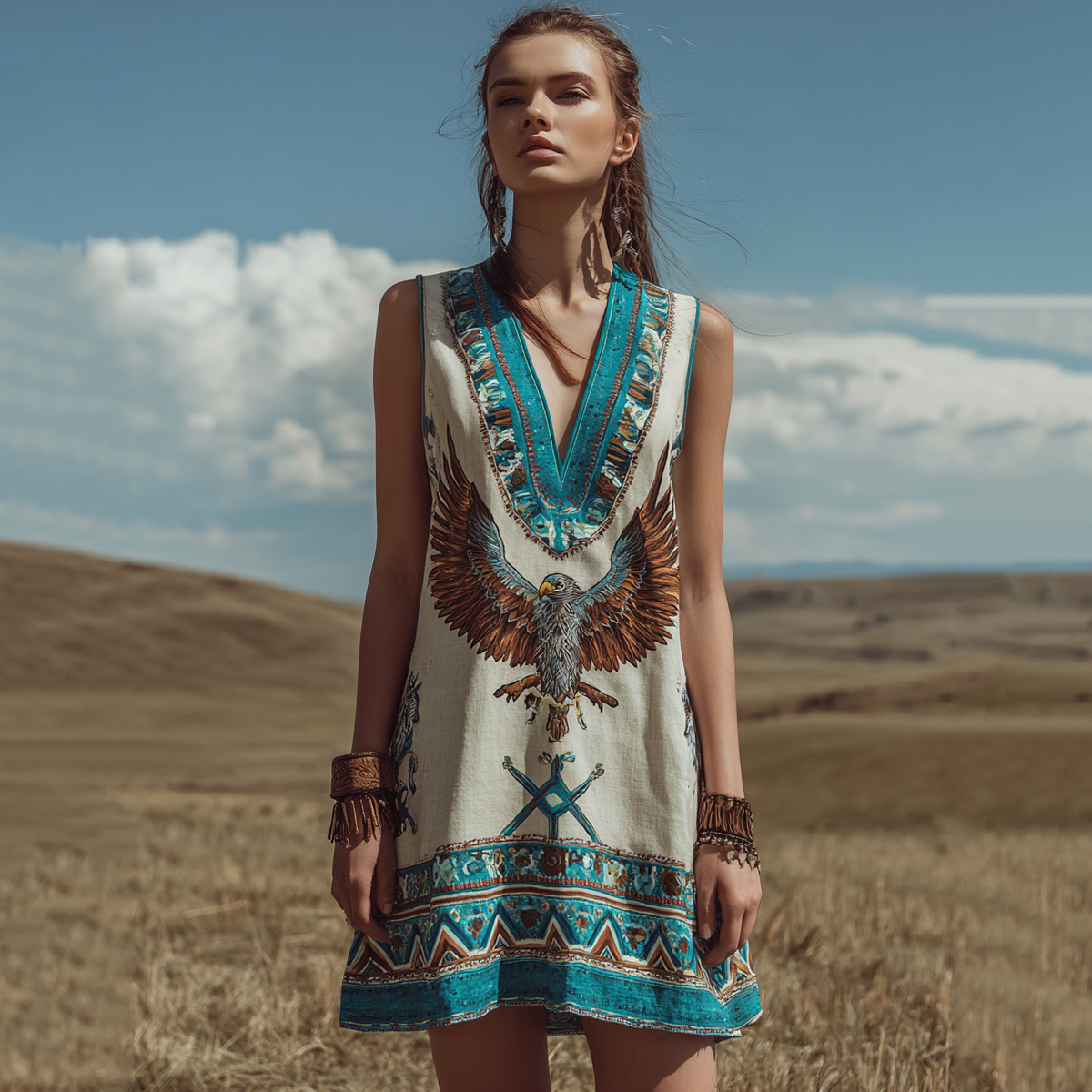 Women's Vintage Western Eagle Print Tank Midi Dress artswardrobe