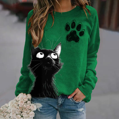 Women's Cute Cat Print Casual Crew Neck Sweatshirt elevenforest