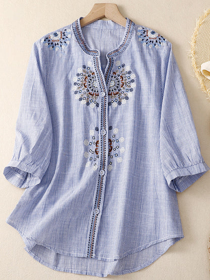 Comstylish Women's Casual Retro Ethnic Style Embroidered Cotton Shirt