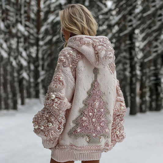 Women's Pearl Christmas Tree Knit Jacquard Cozy Hooded Sweater artswardrobe