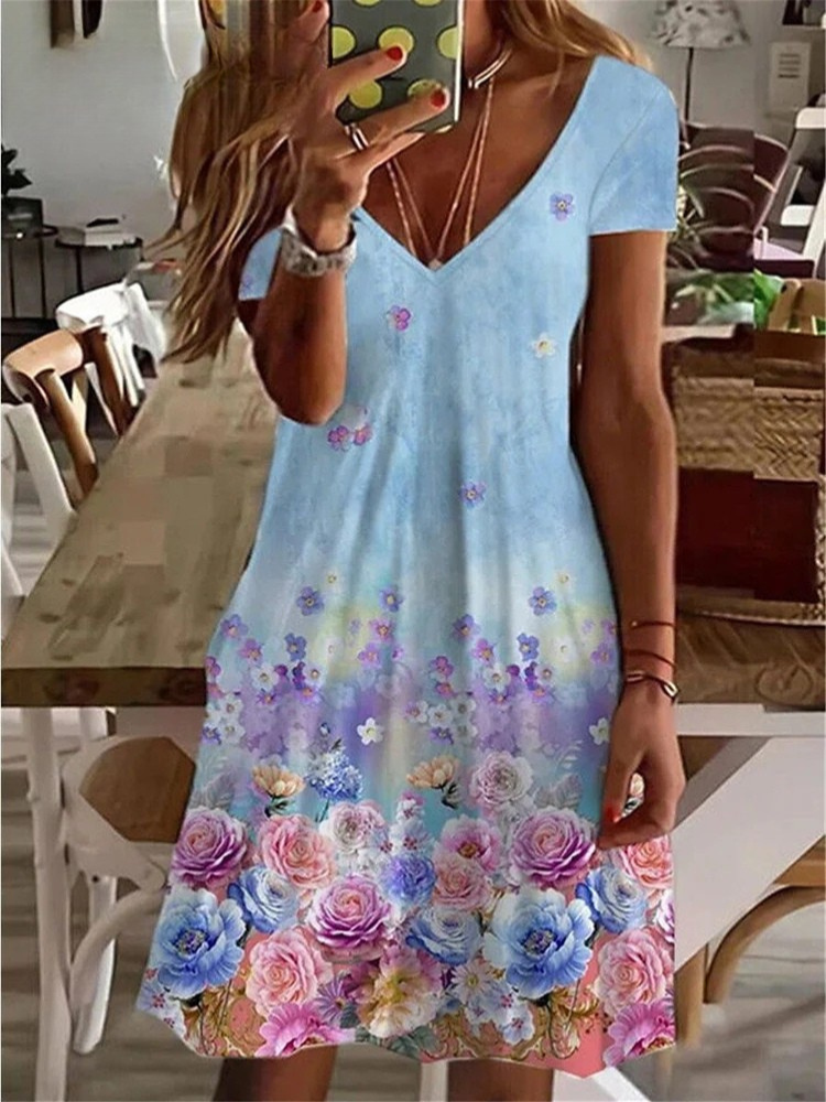 ER | Donna Sundress Midi Dress Manica corta Stampa floreale Estate Casual V Neck Abiti allentati Plus Size 2024 Abbigliamento Donna Vestidos