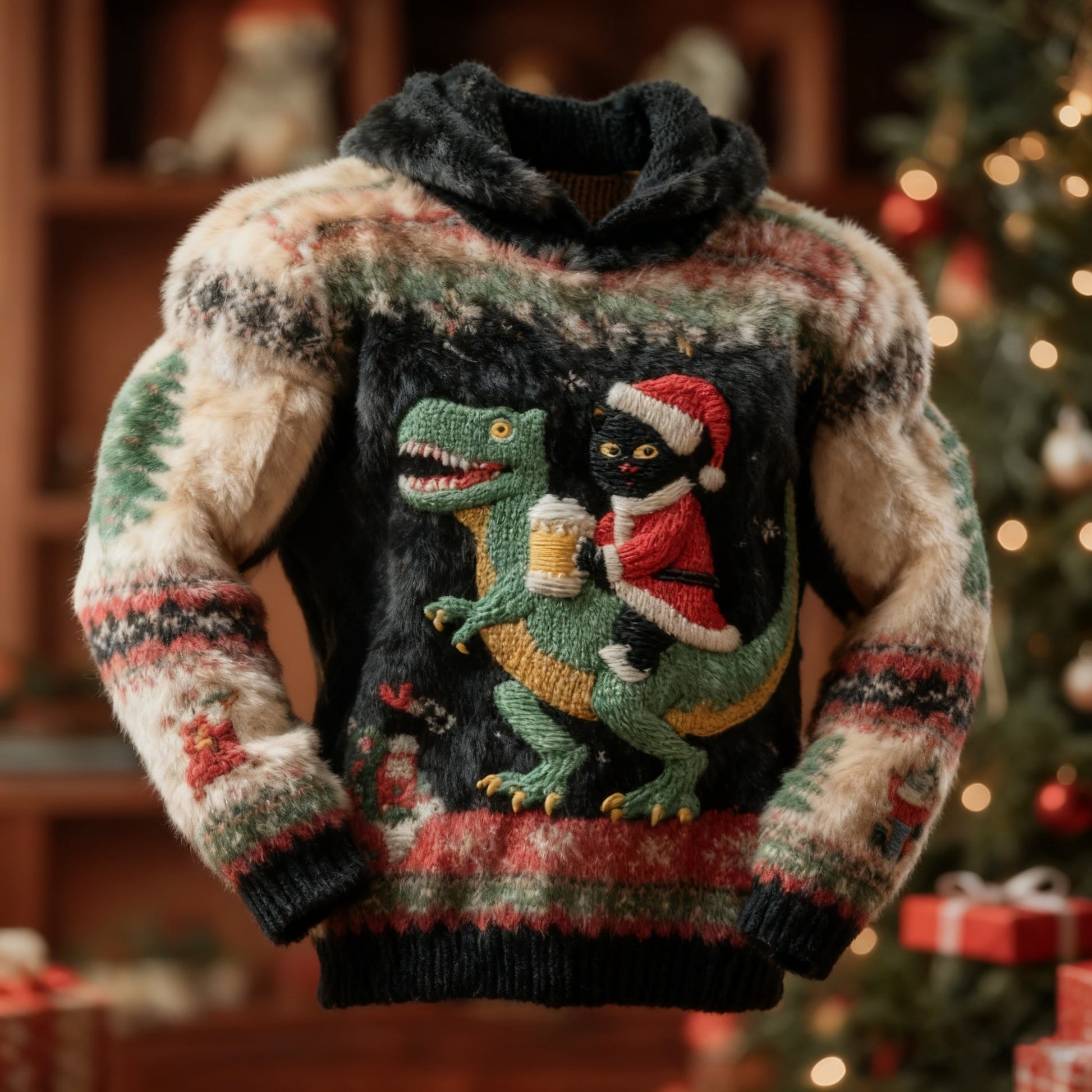 Men's Fun Christmas Cat And Dinosaur Plush Hoodie elevenforest