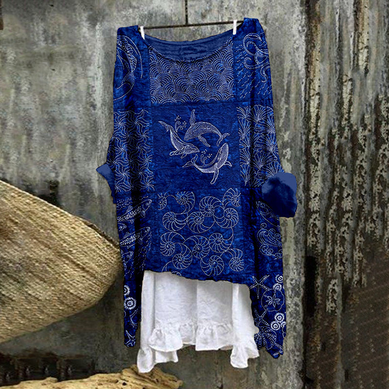 Comstylish Vintage Ocean Sashiko Art Linen Blend Flowy Tunic