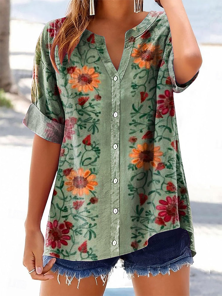 Women's Vintage Ethnic Floral Art Print Casual Cotton And Linen Shirt