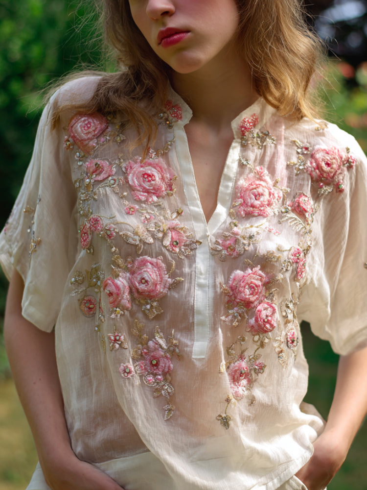 Comstylish Summer Rose Embroidery V-neck Linen Loose-fitting Vintage Short-sleeve Top