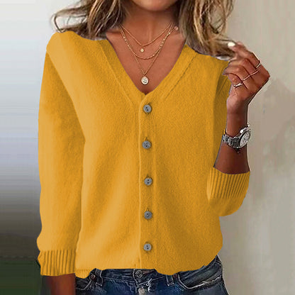 Women's Pink V Neck Button Down Cozy Sweater artswardrobe