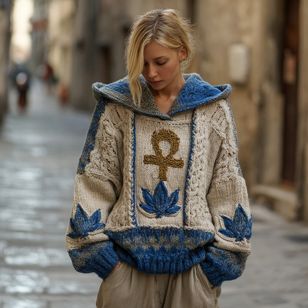 Women's Ancient Egyptian Ankh And Lotus Knitted Hooded Sweater artswardrobe