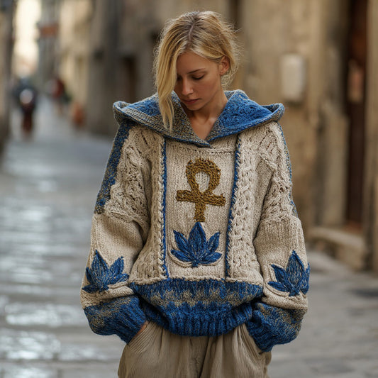 Women's Ancient Egyptian Ankh And Lotus Knitted Hooded Sweater artswardrobe