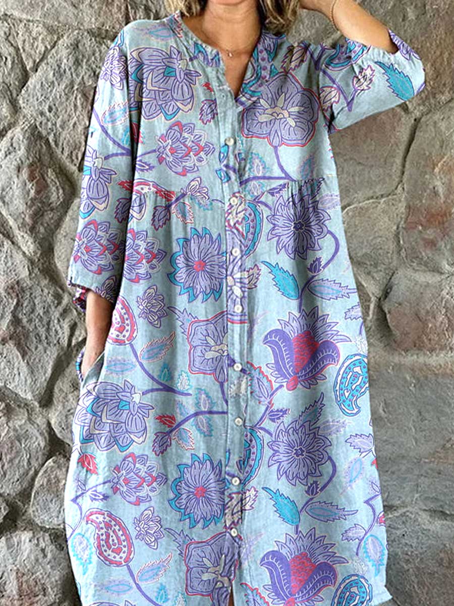 Women's Resort Art Floral Pattern Cotton Shirt Dress