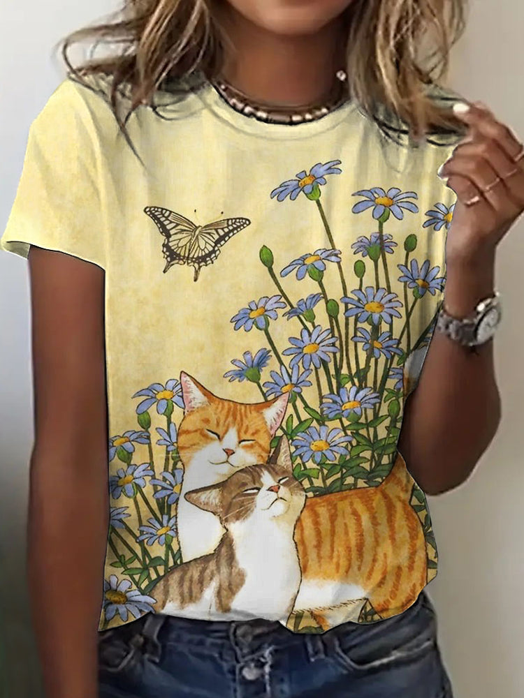 Cats Floral Print Casual Short Sleeve T-Shirt elevenforest