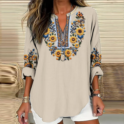 Comstylish Women's Ukraine Sunflower Embroidery Art V-neck Casual Linen Blend Blouse
