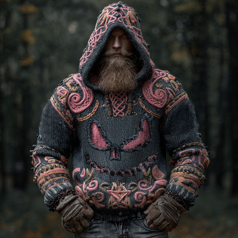 Men's Vintage Viking Halloween Ghost Face Embroidered Hoodie artswardrobe