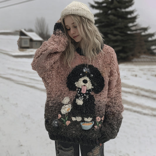 Cute Fuzzy Puppy Flower Gradient Art Cozy Hooded Sweater artswardrobe