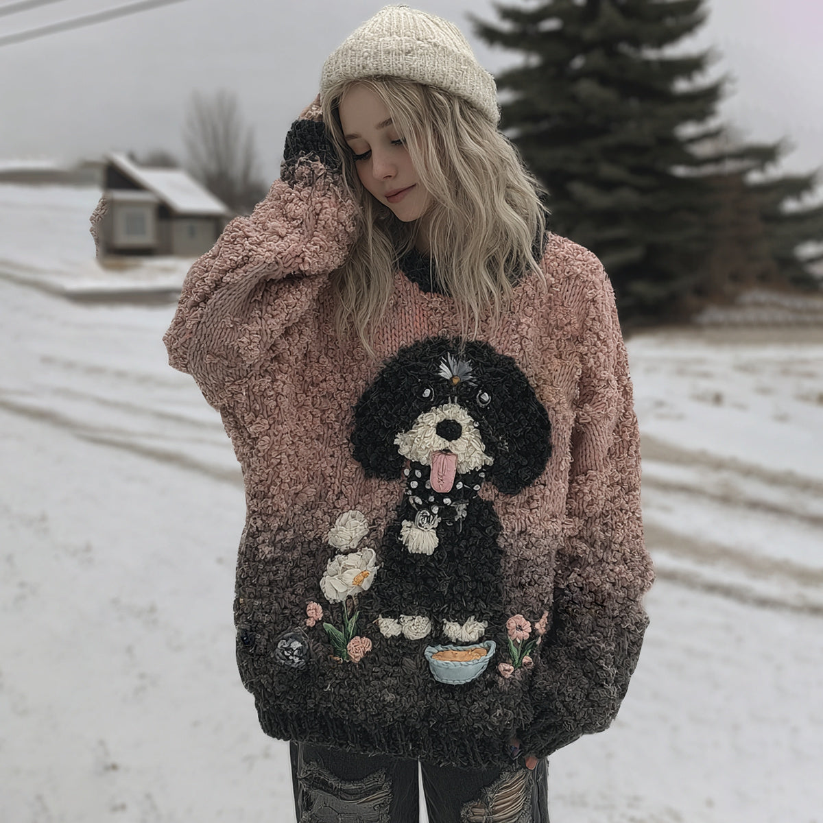 Comstylish Cute Fuzzy Puppy Flower Gradient Art Cozy Hooded Sweater