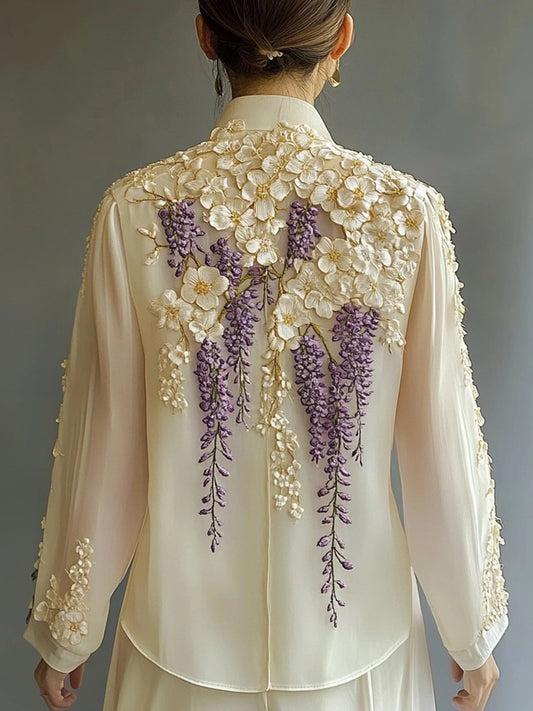Comstylish Women's Elegant Floral Embroidered Chiffon Shirt