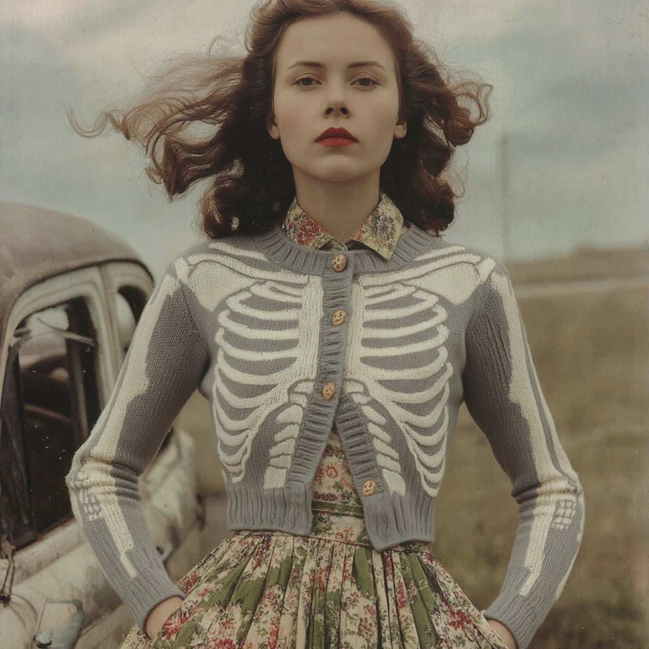 Women's Vintage Skull Ribs Pattern Cozy Knit Sweater Cardigan artswardrobe