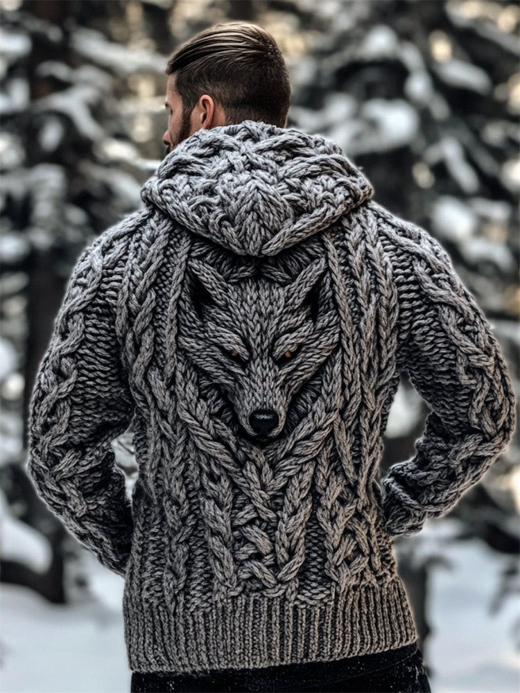 Men's Silver Wolf Viking Celtic Chunky Hooded Cardigan elevenforest