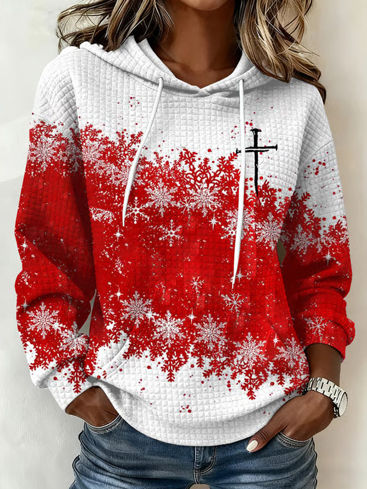 Comstylish Women's Christmas Print Plaid Fabric Hooded Sweatshirt