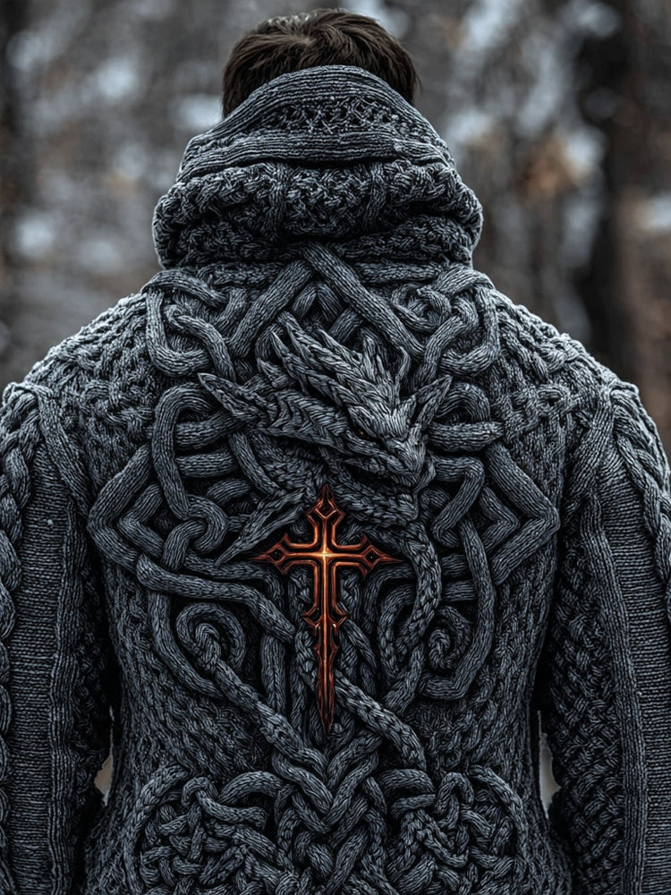 Men's Vintage Viking Celtic Dragon Chunky Hooded Sweater artswardrobe